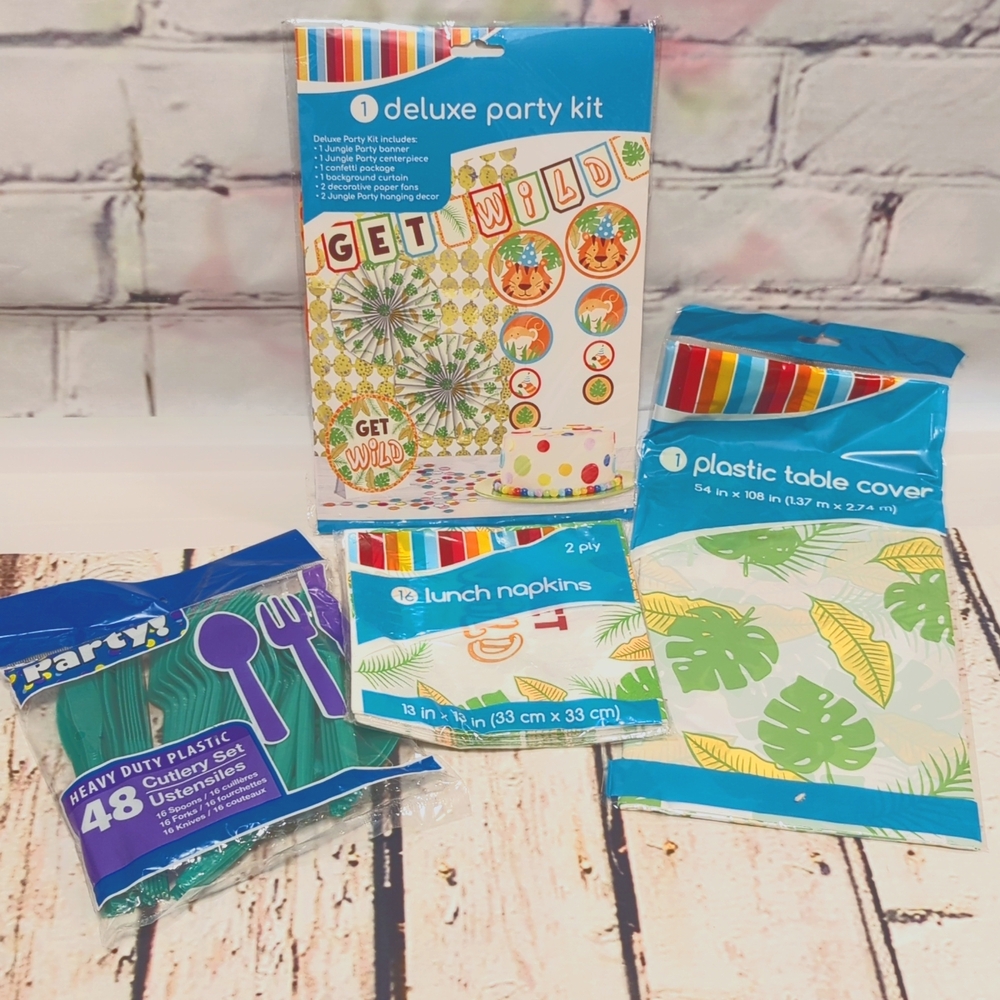 Get Wild‎ Themed Deluxe Party Kit with Napkins, Table Cover, Plastic Cutlery NWT